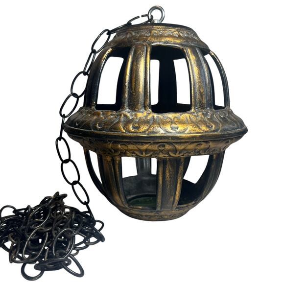Vintage 70s Antique Gold Ceramic Hanging Swag Planter Orb 11 Inches Plus Chain - Picture 1 of 7
